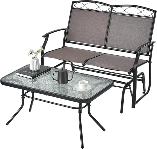 Tangkula Juego de 2 piezas para conversar con planeadores de patio, sofá biplaza deslizante para exteriores con mesa de café de vidrio templado,