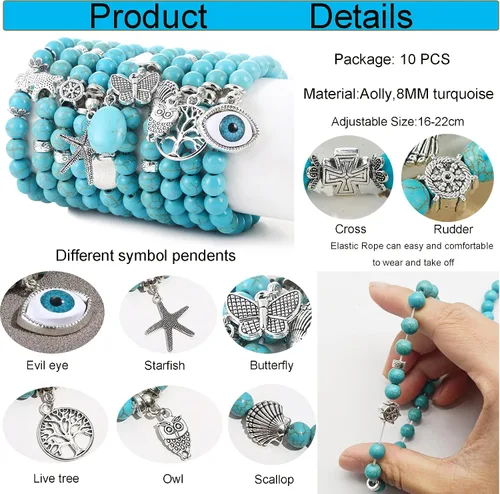 Miniatura 4 de CASDAN 10 pulseras de cuentas redondas de piedra turquesa de 0.315in para mujeres y hombres, pulseras de cuentas elásticas de cristal curativo