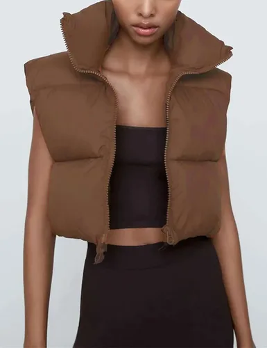 Miniatura 4 de Bozanly Chaleco acolchado corto para mujer, con cremallera, cuello alto, sin mangas, acolchado