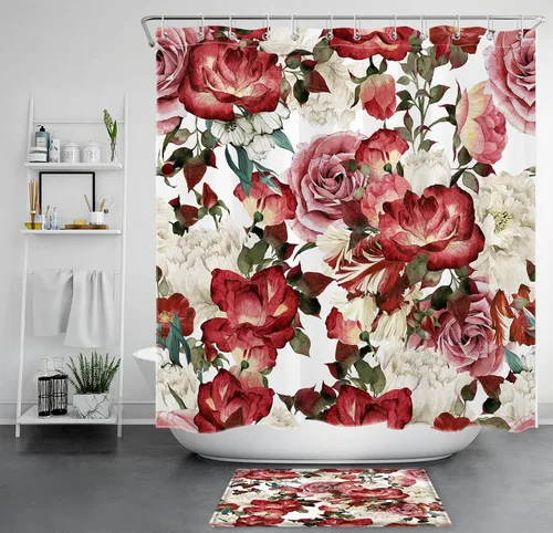 Miniatura 16 de LB Juego de cortinas de ducha de mariposa y flores con alfombras, margaritas y morado lavanda, hojas de eucalipto, cortina de ducha verde