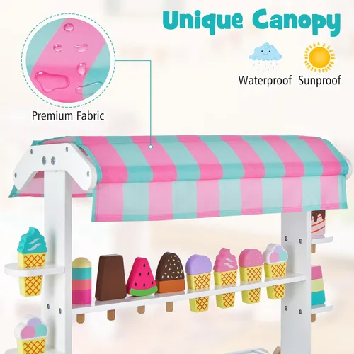 Miniatura 8 de Costzon Juego de Carrito de Helados, Tienda de Comestibles de Madera con Estante de Exhibición y Repisas, Compartimento Congelador, 2 Ruedas