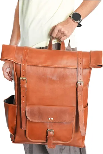 Miniatura 9 de jaald Mochila de cuero marrón de 23 pulgadas, mochila vintage para portátil, bolsa de viaje grande con parte superior enrollable, cómoda y ligera