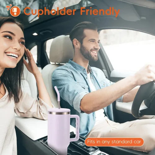 Miniatura 3 de VUSIGN Vaso de 40 onzas con asa y tapa con pajita, vaso de acero inoxidable con aislamiento al vacío, taza de viaje, botella de agua para agua, té