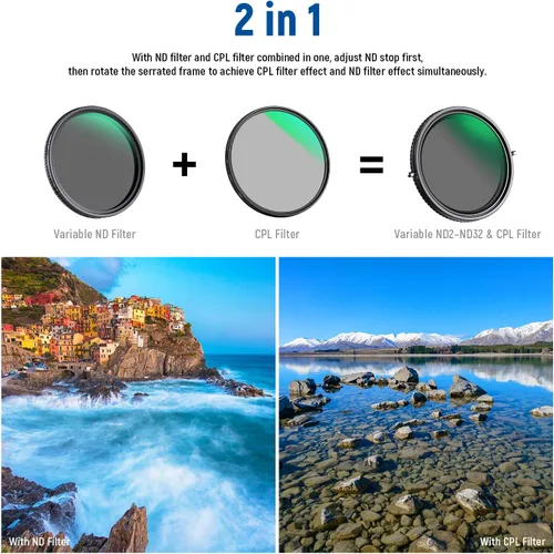 Miniatura 2 de NEEWER Filtro ND variable 2 en 1 de 2.835 in ND2-ND32 y CPL (filtro polarizador circular) Sin cruz X / 30 capas nano revestido/vidrio óptico