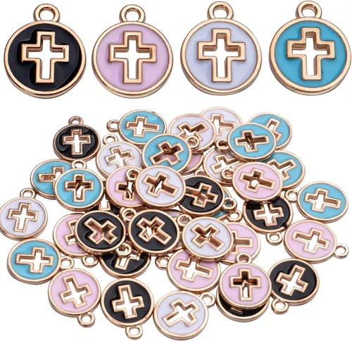 Aylifu 40 dijes redondos de cruz esmaltada de aleación de crucifijo para hacer joyas, pulseras, collares, 4 colores