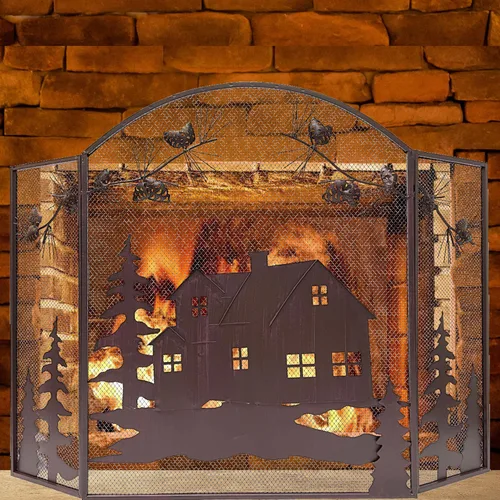 Miniatura 6 de BestGiftEver Pantalla decorativa para chimenea de 3 paneles con diseño de cono de pino de cabaña de casa, cubierta de chimenea, pantalla de malla