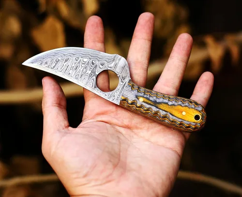Miniatura 5 de Ancilla - Cuchillo de caza de Damasco hecho a mano para EDC, camping, venado, cuchillo de bolsillo mini con tanga completa, hoja fija, estilo Exotic