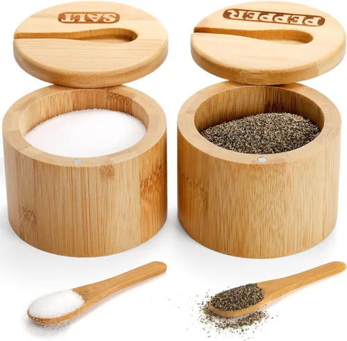 Lawei Paquete de 2 cuencos de bambú para sal y pimienta, recipiente redondo para sal con tapas magnéticas giratorias y cucharas, bodegas de sal de