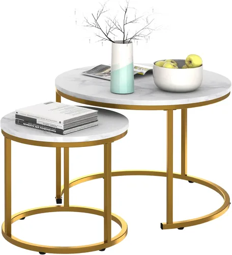 Garden 4 you Mesa auxiliar anidable de mármol blanco sintético para lugares pequeños, 2 juegos de muebles modernos, juegos de sala de estar, mesa