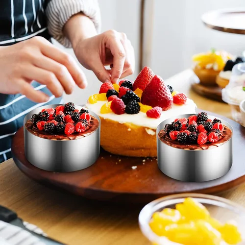 Miniatura 4 de Hemoton Juego de 8 moldes de acero inoxidable para tartas, moldes redondos para tartas, mousse de acero inoxidable con 8 empujadores, anillos