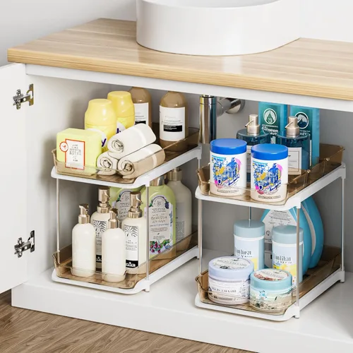 Delamu Organizadores y Almacenamiento Multiusos de 2 Niveles para Debajo del Fregadero del Baño, Organización Apilable de Despensa de Cocina,