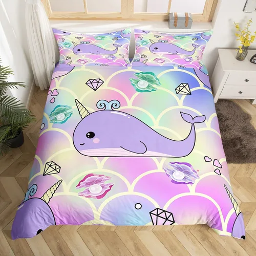 Funda de edredón de ballena de sirena tamaño individual, funda de edredón de ballena unicornio morado para niñas, funda de edredón de escamas de