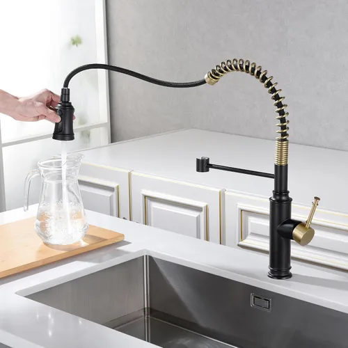 Miniatura 6 de Sumerain Grifo de fregadero de cocina con rociador de resorte extraíble con boquilla giratoria de 360° y mango de un solo nivel, negro y dorado