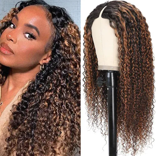 Miniatura 18 de Pelucas de Raya en V Rizadas con Forma de V para Mujeres Negras, Sin Mechas Fuera, Mejora de Raya en U, Sin Pegamento, Peluca Completa con Clip