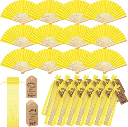 Miniatura 13 de Roowest Paquete de 50 abanicos plegables de papel hechos a mano con bolsas de regalo, tarjeta de agradecimiento, ventilador plegable de mano de Beige