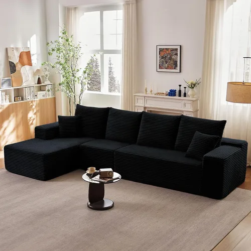 Miniatura 54 de Sofá seccional modular de 96", sofá en forma de L tipo nube sin estructura con chaise lounge, tapizado de pana con asiento profundo de espuma Negro