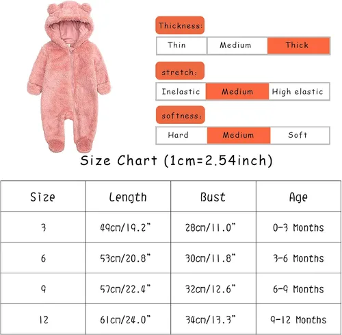 Miniatura 5 de TAOHONG Enterizo para recién nacidos, trajes de nieve con orejas de oso para bebé, forro polar con cremallera, overol cálido para exteriores