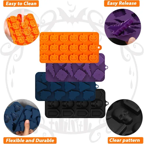 Miniatura 6 de Webake Molde de chocolate de Halloween con forma de calabaza Jack-O-Lantern, calavera, lápida, fantasma, murciélago y araña, moldes de silicona