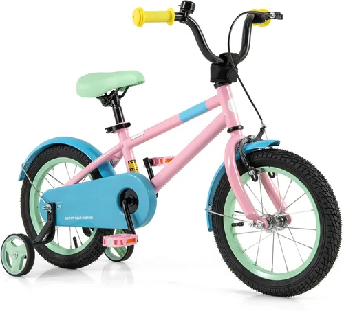 Miniatura 13 de BABY JOY Bicicleta infantil de macarones coloridos, de 12, 14, 16 y 18 pulgadas, bicicleta deportiva para niños con ruedas de entrenamiento