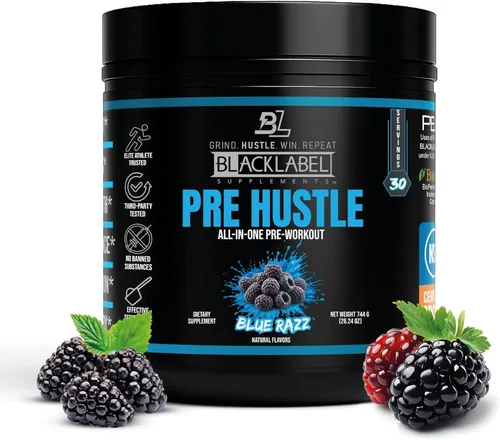 BLACKLABEL Supplements PRE Hustle V3 Polvo de preentrenamiento – Certificado NSF para deporte – Energía, fuerza y resistencia – Blue Razz – con