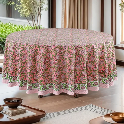 Miniatura 21 de Ridhi Mantel redondo con estampado de bloque a mano, 100% algodón, reutilizable, color rosa flamenco, de 60 pulgadas, mantel decorativo para uso