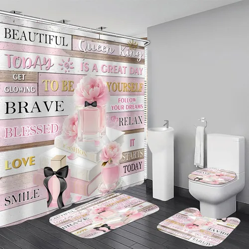 Miniatura 11 de AZHM 4 piezas Juegos de Cortinas de Ducha con Citas Inspiradoras con Alfombras, Juego de Decoración Floral de Baño con Cortina de Ducha y Alfombras