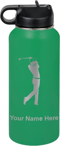 Miniatura 30 de LaserGram Botella de agua personalizada, golfista de golf, acero inoxidable de doble pared aislada al vacío con popote superior, regalo grabado Negro