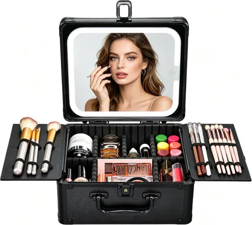 Faquenc Estuche de maquillaje con espejo iluminado magnético, caja organizadora de maquillaje, estuche de cosméticos de viaje con espejo LED de 3