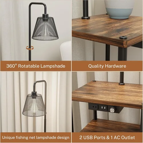 Miniatura 6 de Lámpara de pie Pazarfami con mesa, lámpara de pie con estantes, mesa auxiliar con puerto de carga USB y tomacorriente, mesa auxiliar moderna