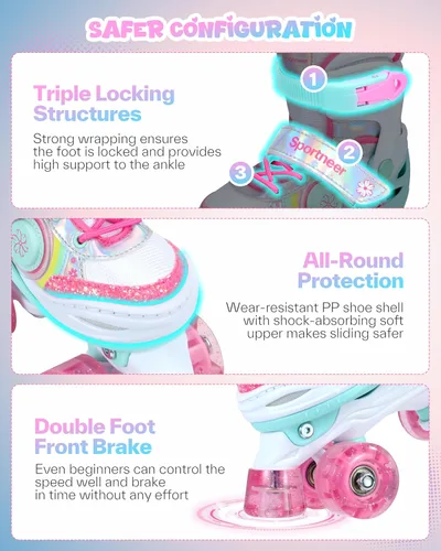 Miniatura 6 de Sportneer - Patines de ruedas para niños con juego de protección, patines ajustables para niñas en 4 tallas con 8 ruedas LED brillantes, patines