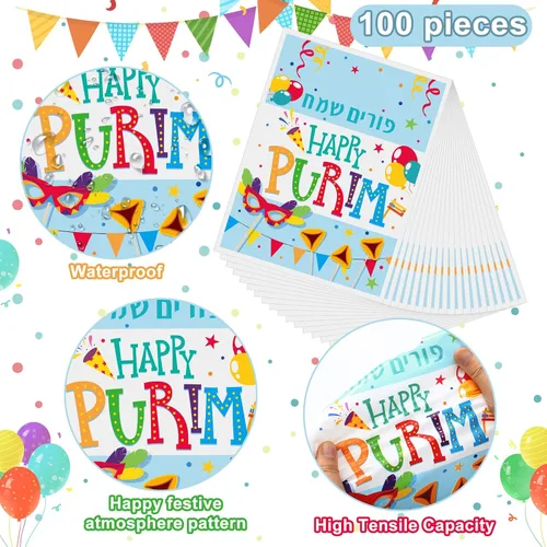 Miniatura 3 de Sayglossy 100 bolsas de golosinas Purim de 7 x 9.5 pulgadas, bolsas de regalo Happy Purim a granel con asas troqueladas para fiestas, dulces