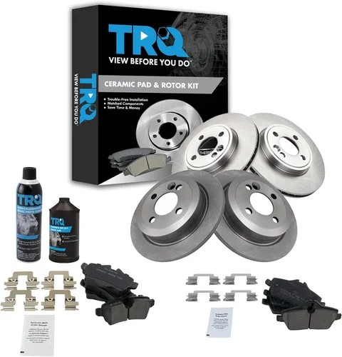 TRQ Kit de pastillas de freno delanteras y traseras y rotores Kit de productos químicos de freno, pastillas de freno de cerámica compatible con Mini