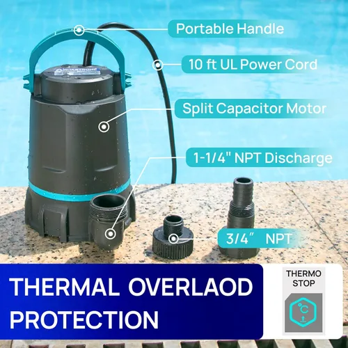 Miniatura 5 de Aquastrong Bomba de sumidero de 1 HP 4500 GPH Bomba de agua sumergible termoplástica portátil bomba de alto flujo de eliminación de agua