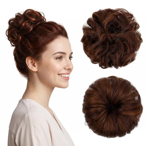 Miniatura 50 de Moño desordenado grande y desordenado, moño ondulado, rizado, coleteros gruesos, extensiones de cabello para mujeres y niñas, color marrón jengibre