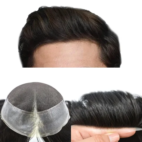 Miniatura 28 de LYRICAL HAIR Sistema de cabello humano Remy de encaje francés súper fino para hombre, piel de poliéster transparente alrededor de las pelucas, tupé