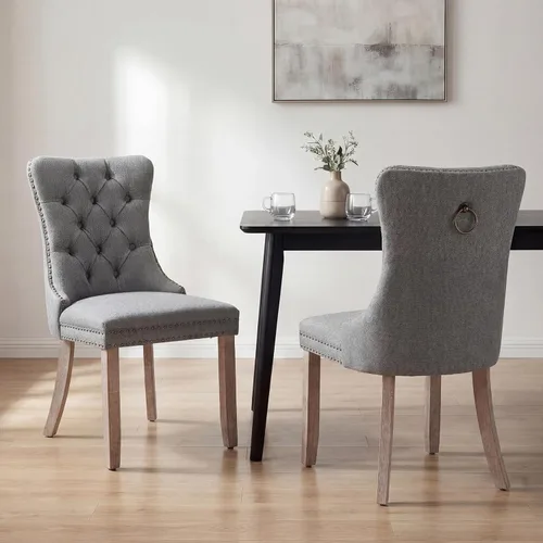 Miniatura 55 de OVENTA Juego de 4 sillas de comedor modernas tapizadas copetudas, terciopelo negro y gris y cuero con patas de madera maciza, sillas de cocina