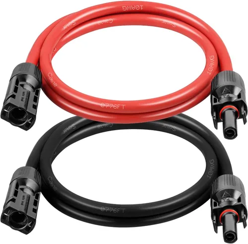 Miniatura 10 de Cable de extensión solar 10AWG de 20 pies – Paquete de 2 cables fotovoltaicos rojos y negros con conectores solares, cobre estañado de 84 hebras