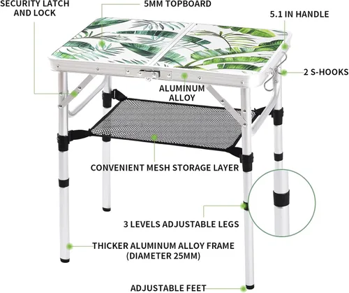 Miniatura 4 de Mesa de camping plegable de 2 pies, mesa de picnic portátil de altura ajustable, mesa de cartas pequeña, de aluminio, plegable, ligera, con asa