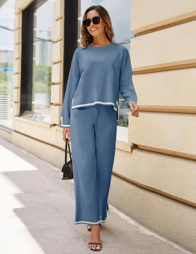 Miniatura 4 de Lentta Conjunto de 2 piezas de suéter de punto de manga larga para mujer, pantalones de pierna ancha, conjunto de descanso