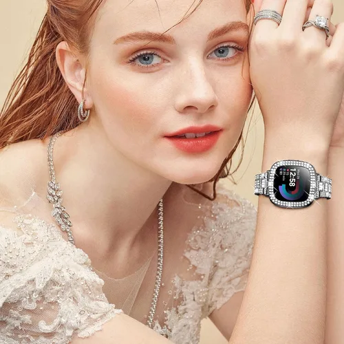 Miniatura 4 de Dsytom Bling Banda de Reloj Elegante Compatible con Fitbit Versa 4, Sense 2, Versa 3, Sense - Correa Linda con Funda Protectora de Rinstone