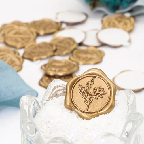 Miniatura 3 de SWANGSA 50 calcomanías de cera de hojas de eucalipto, sello de sobre de invitación de fiesta de boda dorado antiguo, autoadhesivo para tarjetas
