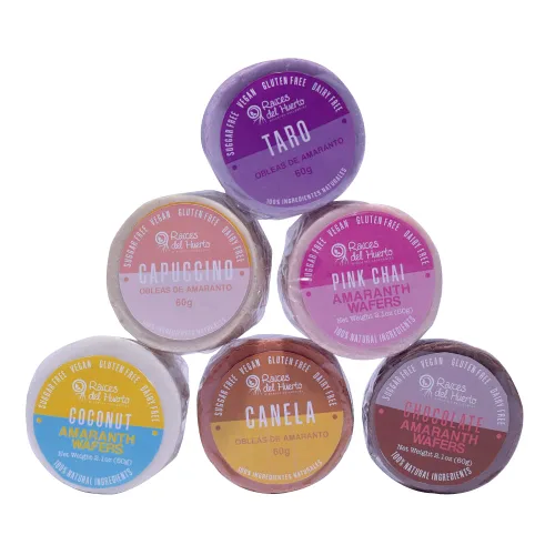 Obleas de Amaranto Thins – Snack bajo en calorías – Obleas de Amaranto – Paquete de 6 chocolates, Chai rosa, capuchino, coco, canela, taro
