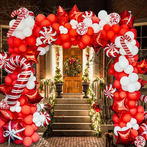 Miniatura 6 de Kit de arco de globos de Navidad de 175 piezas, incluye globos rojos, blancos, de bastón de caramelo y confeti, kit de herramientas