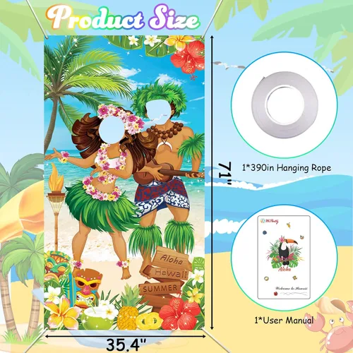 Miniatura 3 de HiParty Decoraciones de fiesta hawaiana Luau, pancarta de fotos de pareja Luau, accesorios de fotos de Tiki Luau para fiesta en la playa, pancarta