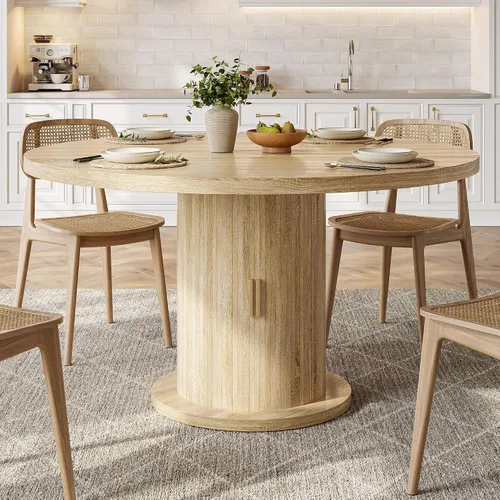 Miniatura 8 de Mesa de comedor redonda para 4, mesa de comedor de madera, mesa de cocina circular para el hogar, comedor, cocina, sala de estar (marrón nogal)