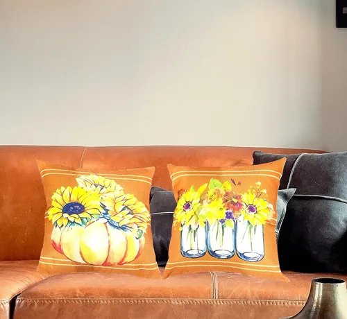 Miniatura 2 de Juego de 2 fundas de almohada florales otoñales de 18 x 18 pulgadas, fundas de cojín de rayas otoñales de granja, jarrón, fundas de almohada