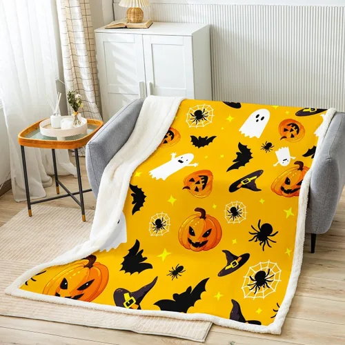 Miniatura 9 de Manfei Manta de Halloween con farol de calabaza, fantasmas, para decoración de habitación de niños y niñas, manta de araña negra para sofá, manta