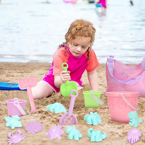 Miniatura 6 de Tagitary Juego de juguetes de arena de playa para niños de 3 a 10 años con cubo de regadera, rastrillo de pala, moldes de arena, bolsa de concha