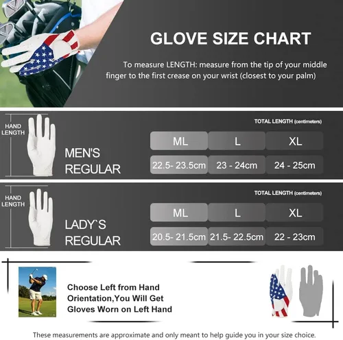 Miniatura 5 de Guantes de golf para hombres y mujeres, mano izquierda para golfista diestro, patrón de bandera estadounidense, cuero sintético, fibra de licra