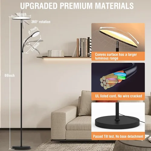 Miniatura 7 de Lámparas de pie Marctronic para sala de estar, lámpara de pie LED de 44W/4500LM súper brillante 2 en 1 con control remoto, atenuable sin escalones